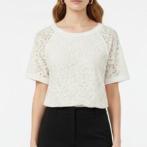 Banana Republic Lace Raglan Top Women’s L White Short Sleeve Blouse NWT